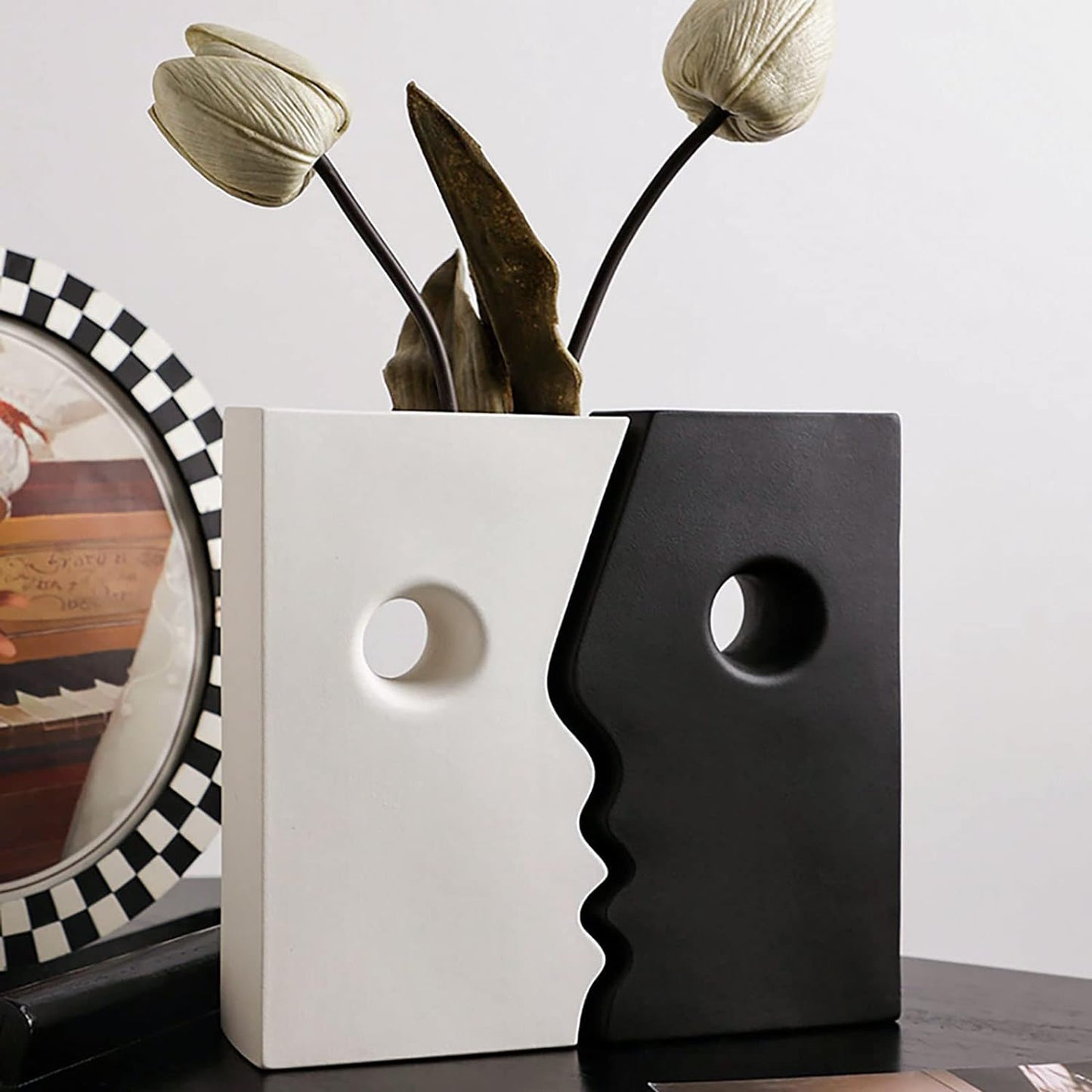 Ceramic Set of 2 Modern Black and White Vases for Home Decor