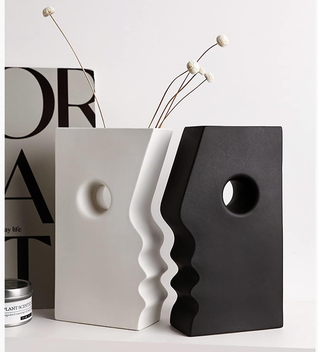 Ceramic Set of 2 Modern Black and White Vases for Home Decor