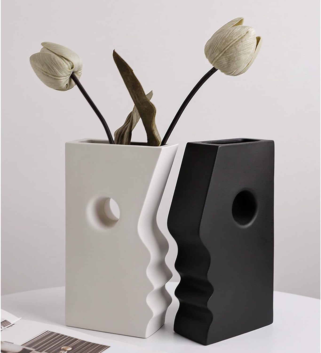 Ceramic Set of 2 Modern Black and White Vases for Home Decor