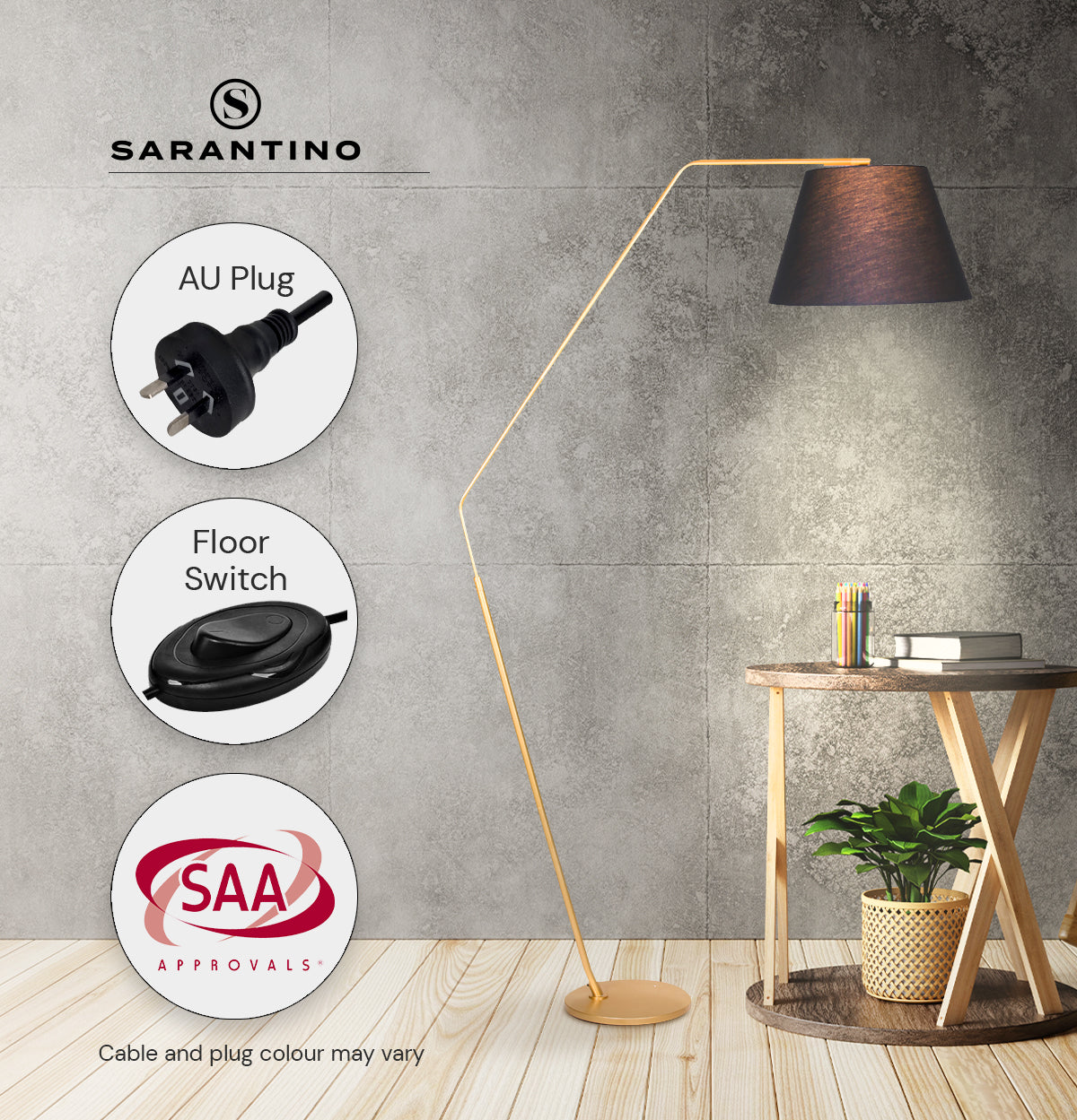 Sarantino 3-Leg Arc Floor Lamp With Tapered Black Shade, Sturdy Metal Base, 106 cm Height