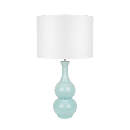 Pattery Barn Green Ceramic Table Lamp with Chic White Shade and Unique Pottery-Inspired Design