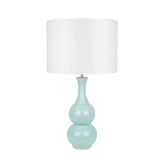 Pattery Barn Green Ceramic Table Lamp with Chic White Shade and Unique Pottery-Inspired Design