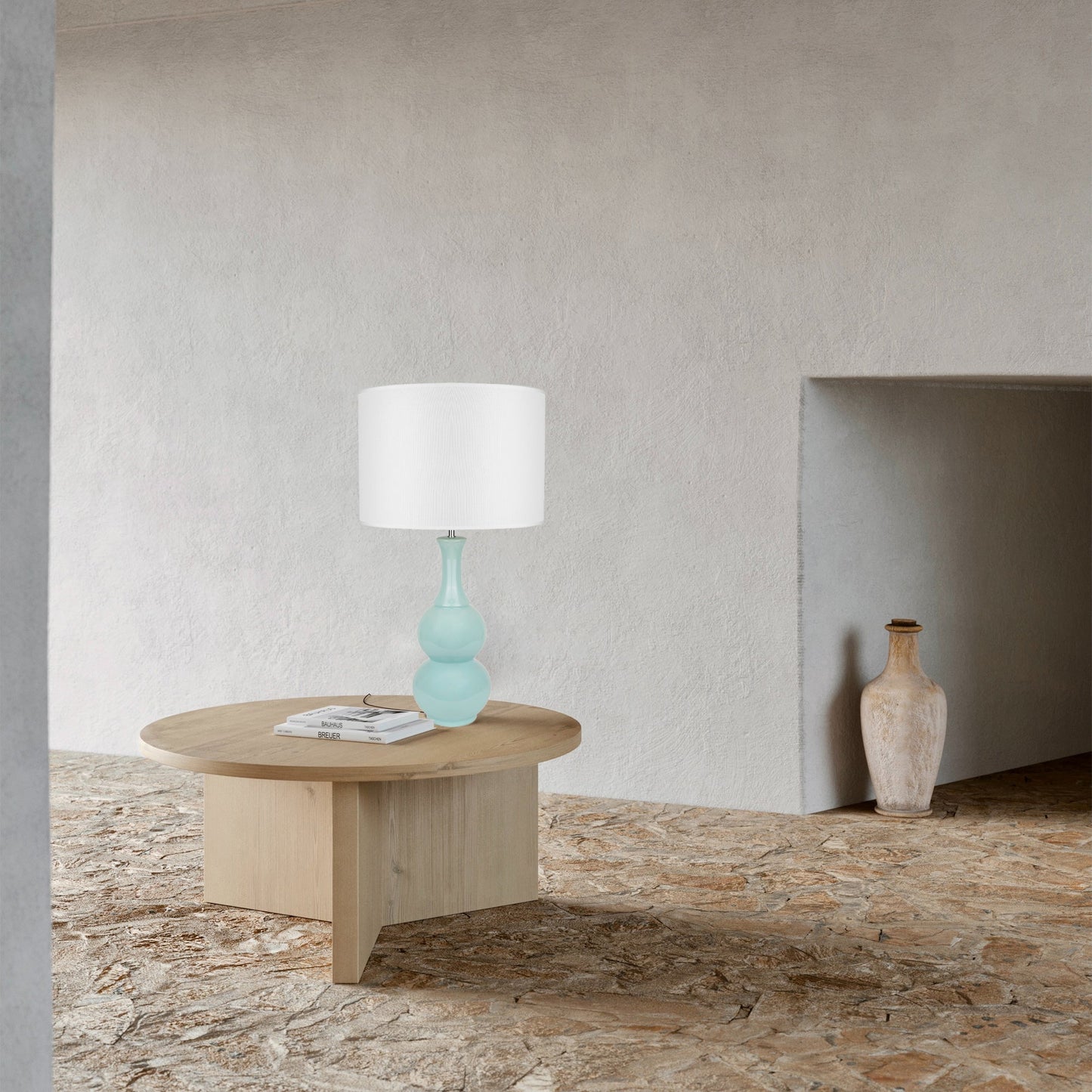 Pattery Barn Green Ceramic Table Lamp with Chic White Shade and Unique Pottery-Inspired Design