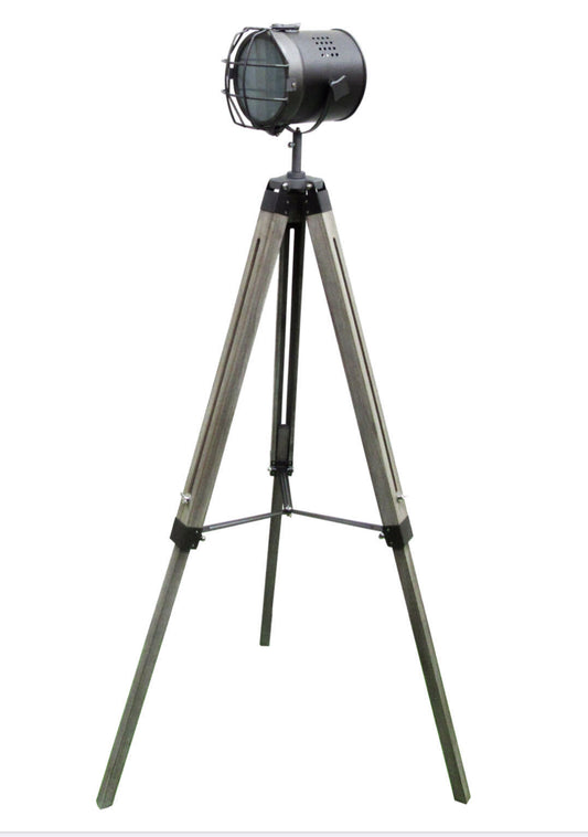 Modern Nautical Tripod Floor Lamp with Steel Grey Spotlight and Linen Shade 139cm