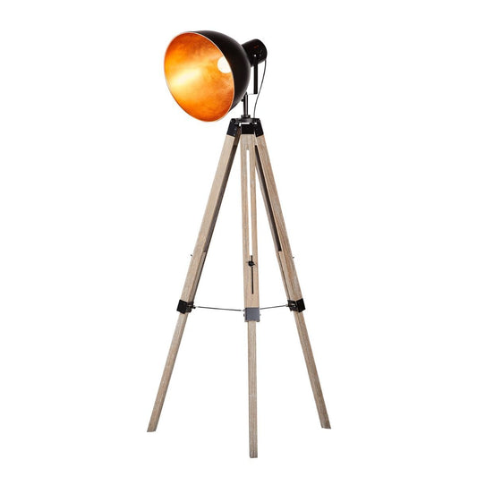 Havana Retro Industrial Large Tripod Floor Lamp with Adjustable Pinewood Frame and Steel Shade