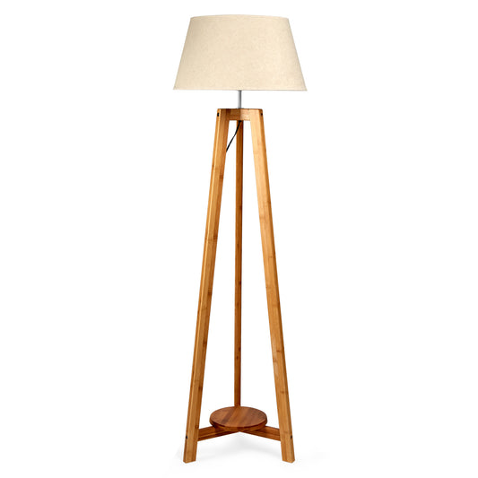 Natural Large Bamboo Tripod Floor Lamp With Beige Linen Shade & Inline Switch 155cm