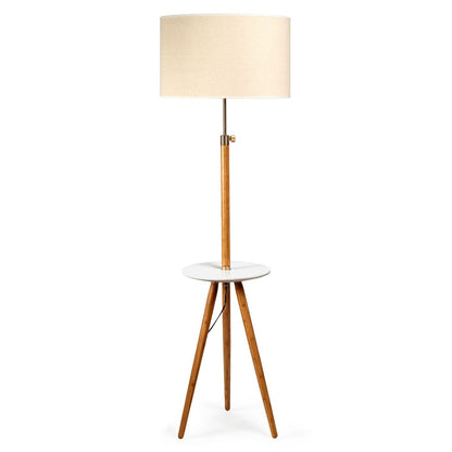 Large Extendable Bamboo Tripod Floor Lamp With Linen Shade And Built-In Shelving 165cm