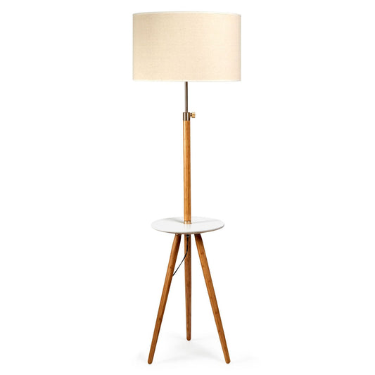 Large Extendable Bamboo Tripod Floor Lamp With Linen Shade And Built-In Shelving 165cm