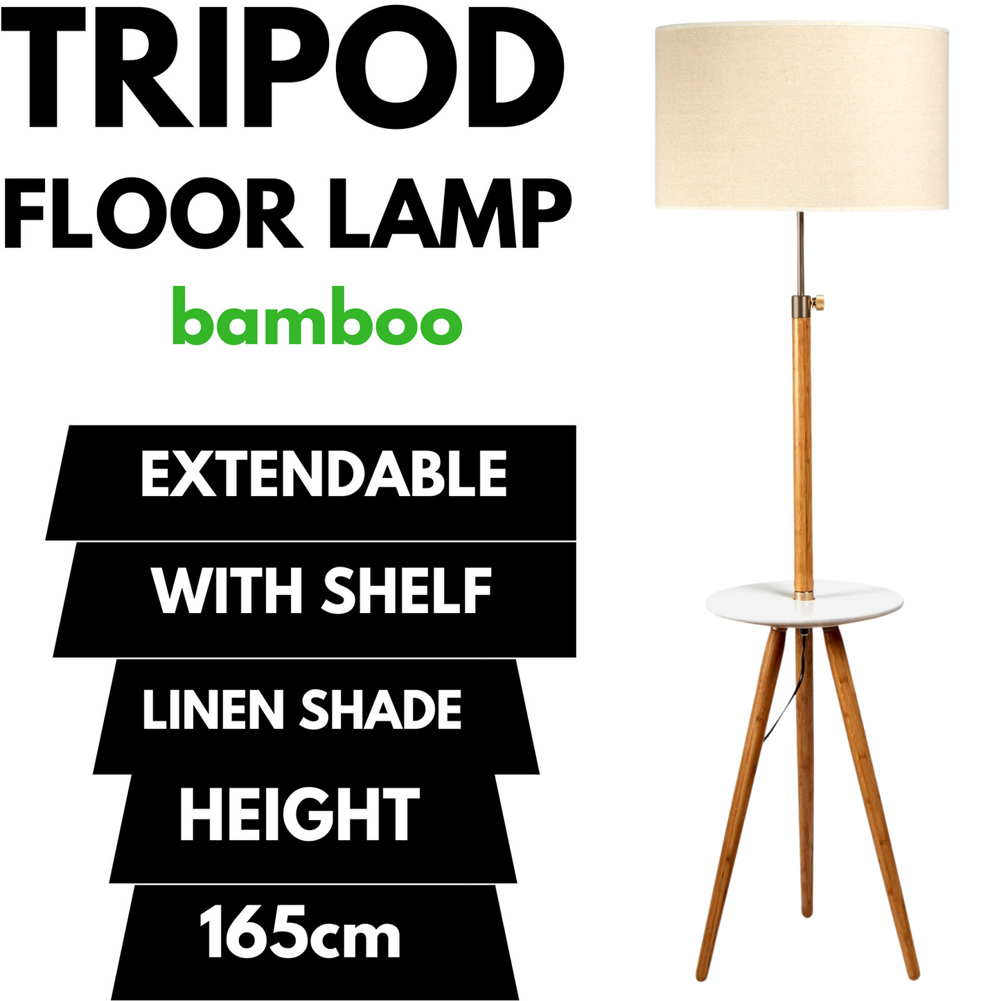 Large Extendable Bamboo Tripod Floor Lamp With Linen Shade And Built-In Shelving 165cm