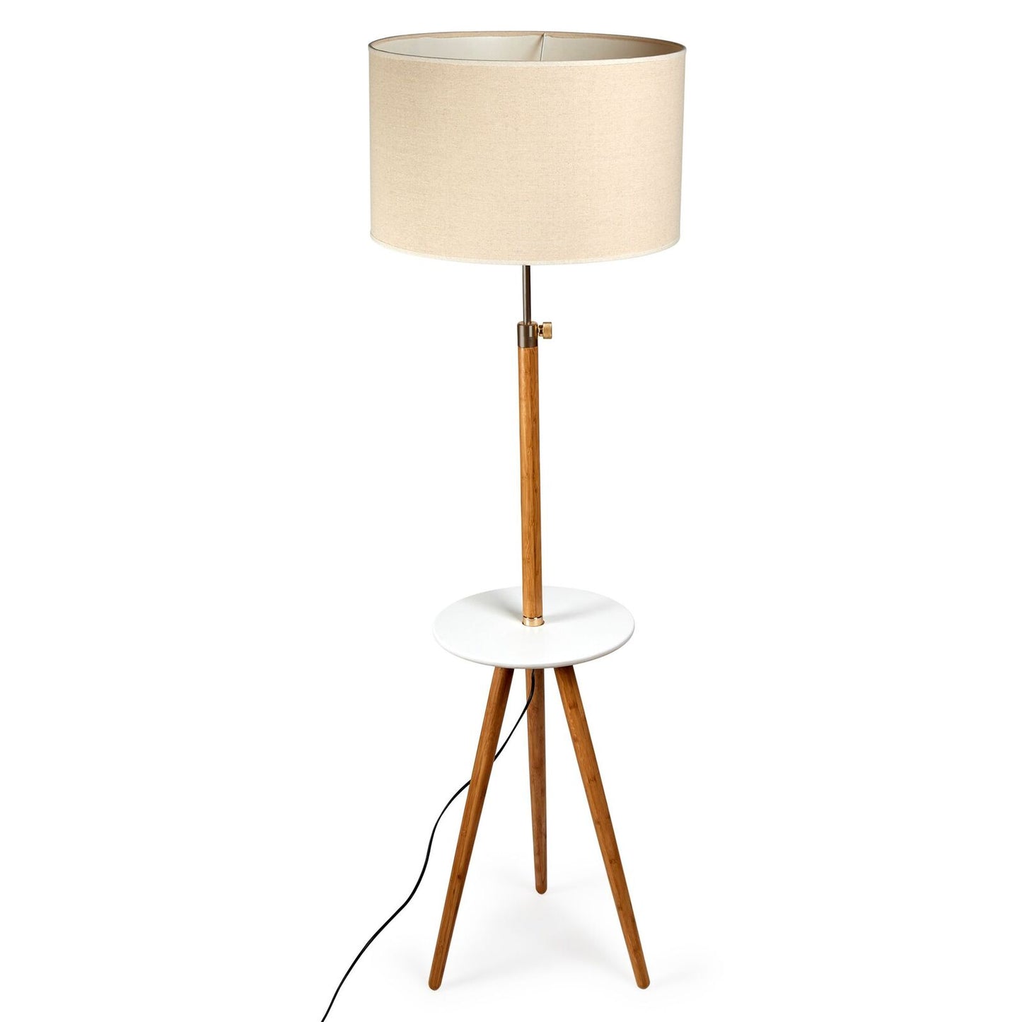 Large Extendable Bamboo Tripod Floor Lamp With Linen Shade And Built-In Shelving 165cm