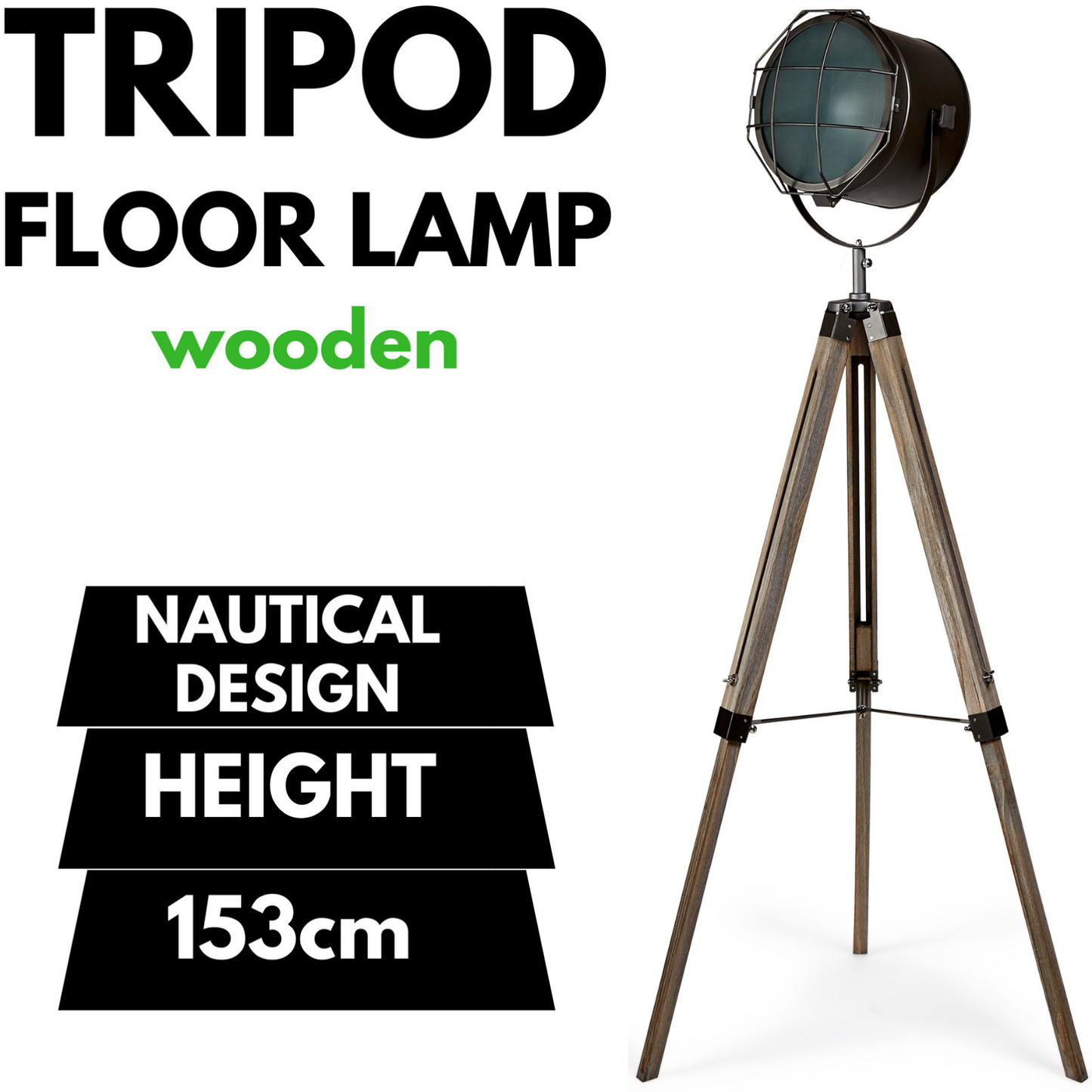 Nautical Tripod Floor Lamp With Matte Grey Searchlight Head, Inline Switch, Linen Shade 153cm