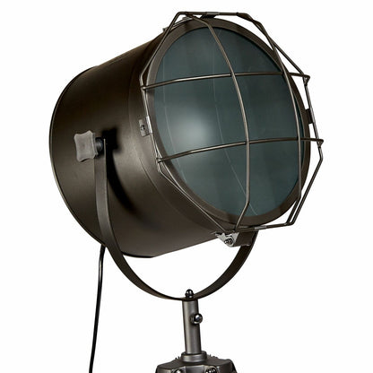 Nautical Tripod Floor Lamp With Matte Grey Searchlight Head, Inline Switch, Linen Shade 153cm