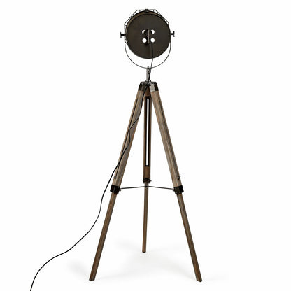 Nautical Tripod Floor Lamp With Matte Grey Searchlight Head, Inline Switch, Linen Shade 153cm