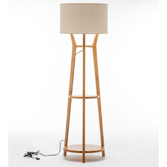 Bamboo Wooden Tripod Floor Lamp With Linen Shade And Built-In Shelves - Modern Home Decor 168cm