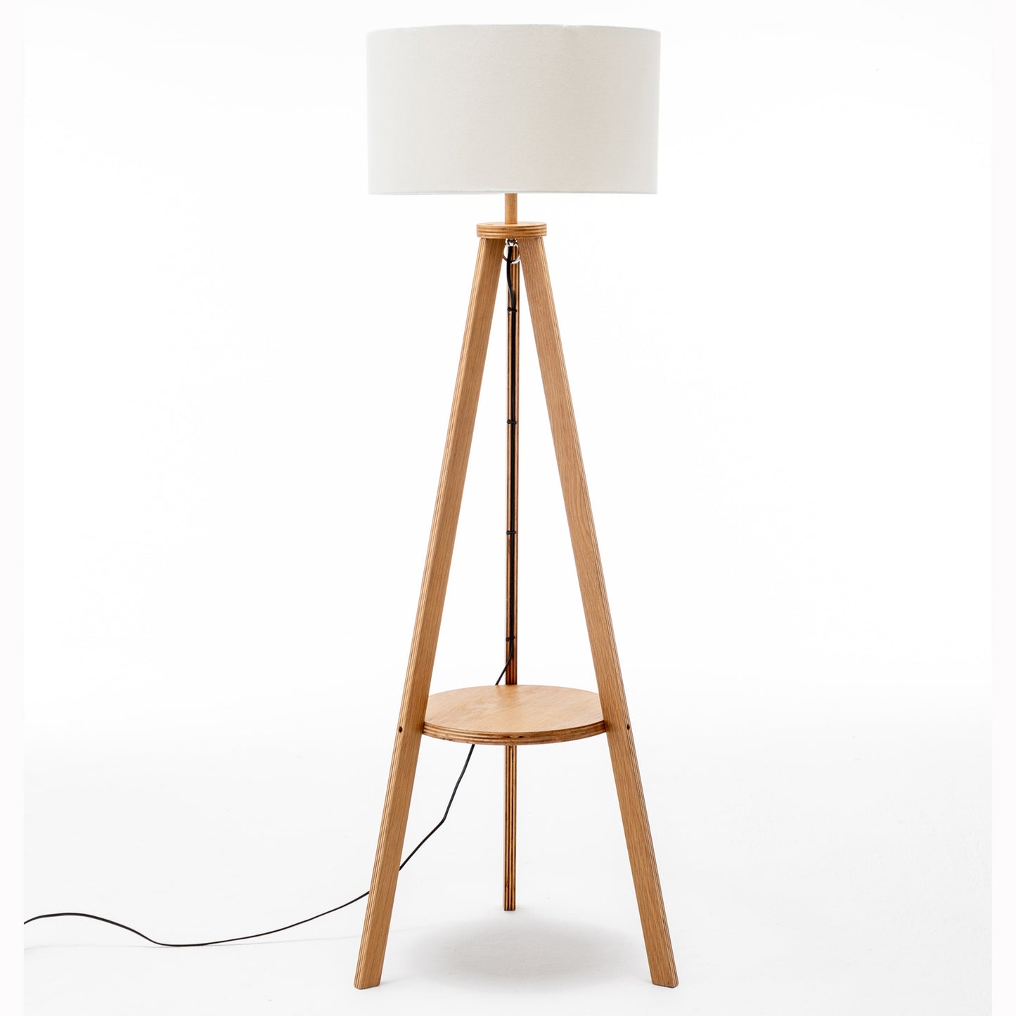 Natural Rubberwood Tripod Floor Lamp With Round Shelf And Off-White Linen Shade, 145 Cm Tall