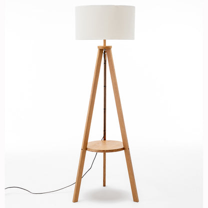 Natural Rubberwood Tripod Floor Lamp With Round Shelf And Off-White Linen Shade, 145 Cm Tall