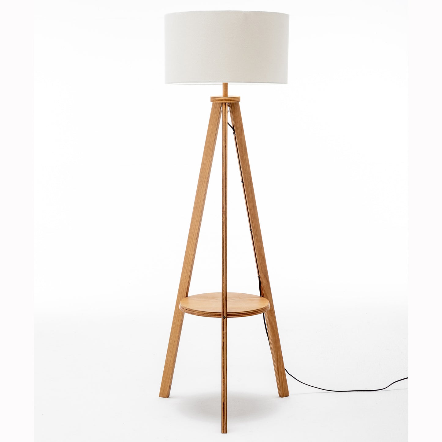 Natural Rubberwood Tripod Floor Lamp With Round Shelf And Off-White Linen Shade, 145 Cm Tall