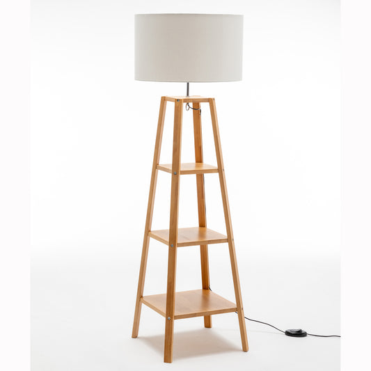 Eiffel 3-Tier Natural Rubberwood Floor Lamp with Off White Linen Shade and Storage Shelves