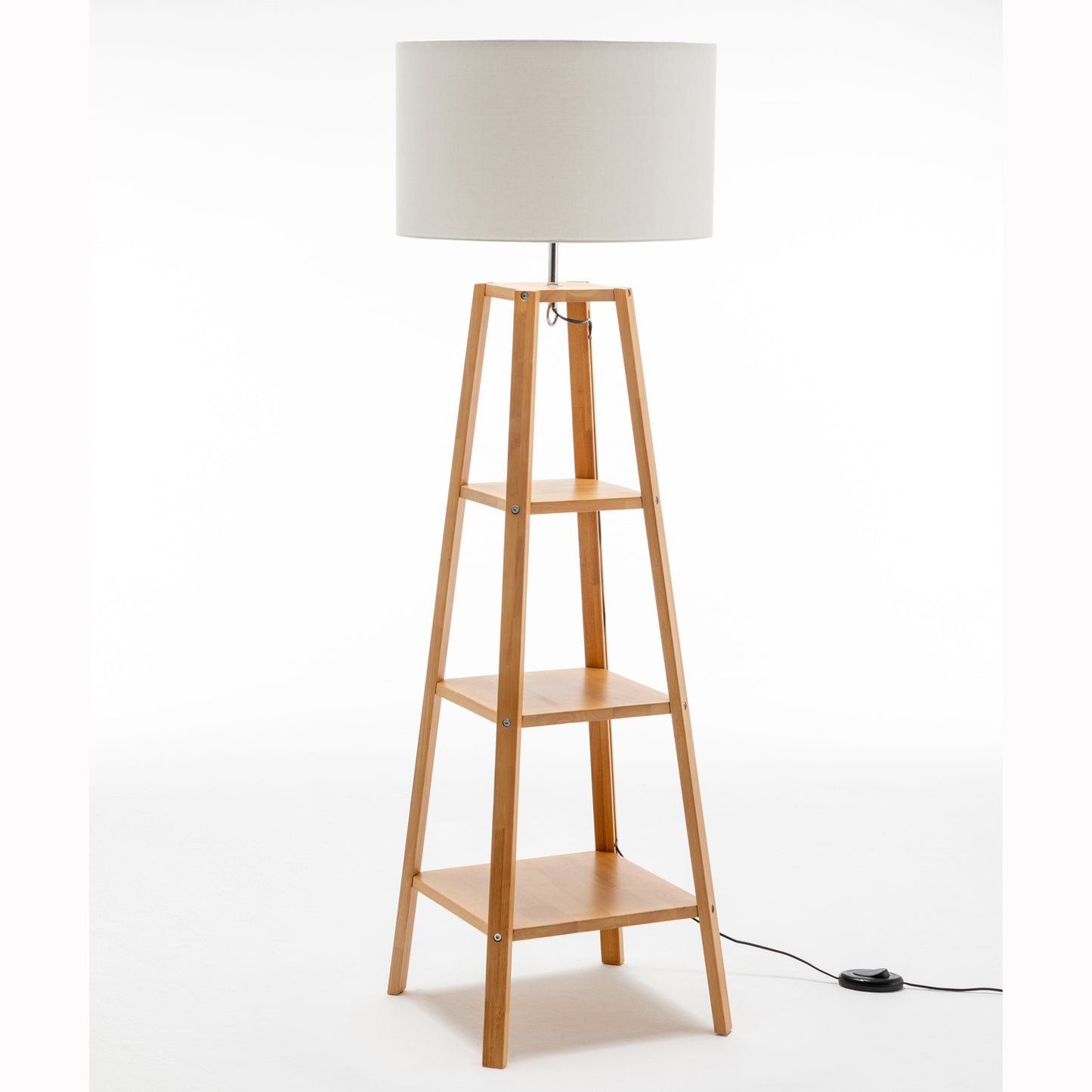 Eiffel 3-Tier Natural Rubberwood Floor Lamp with Off White Linen Shade and Storage Shelves