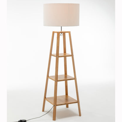 Eiffel 3-Tier Natural Rubberwood Floor Lamp with Off White Linen Shade and Storage Shelves