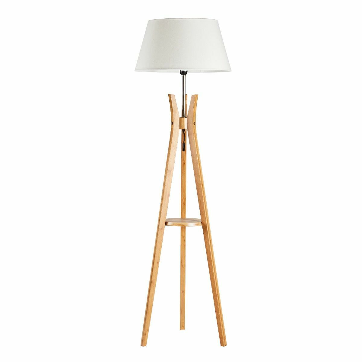 Large Bamboo Tripod Floor Lamp With Linen Shade, Modern Vintage Wooden Design, 156cm Height