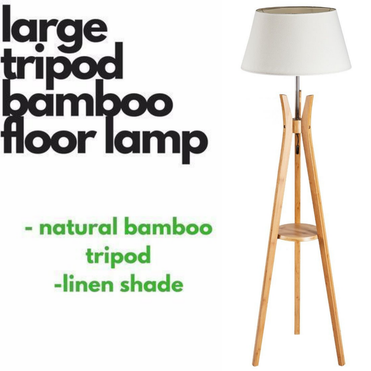 Large Bamboo Tripod Floor Lamp With Linen Shade, Modern Vintage Wooden Design, 156cm Height