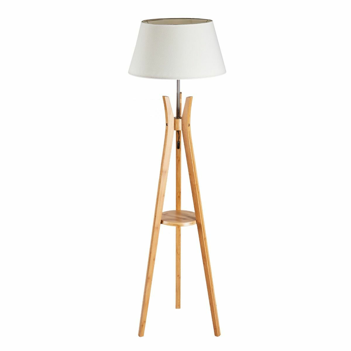 Large Bamboo Tripod Floor Lamp With Linen Shade, Modern Vintage Wooden Design, 156cm Height