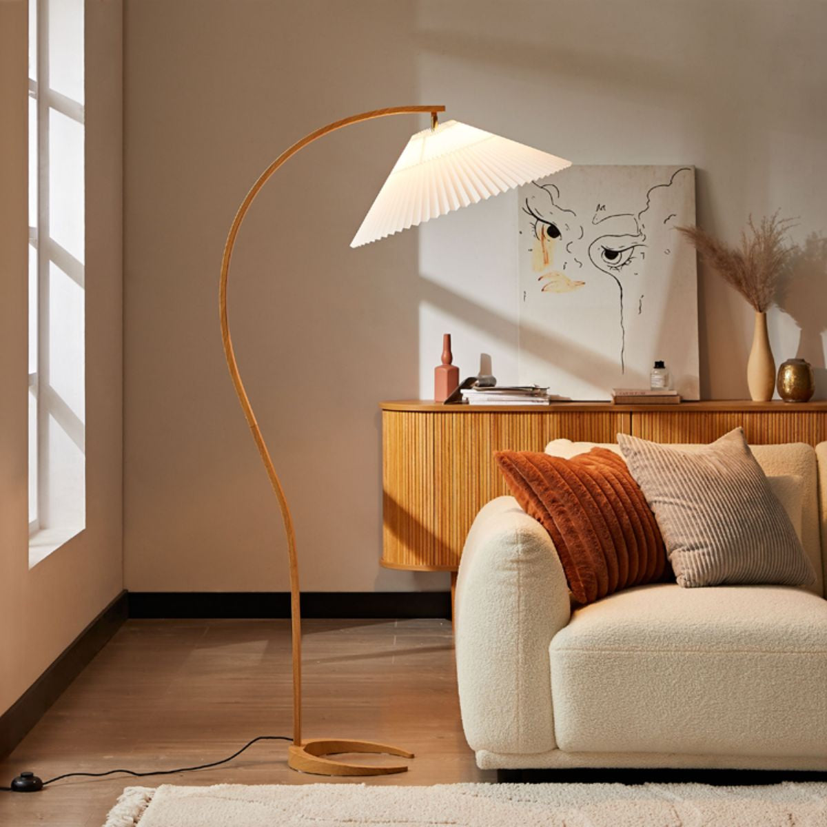 Archer Natural Floor Lamp - Japandi Style Oak Finish with Textured Shade, Curvaceous Design, Compact Footprint