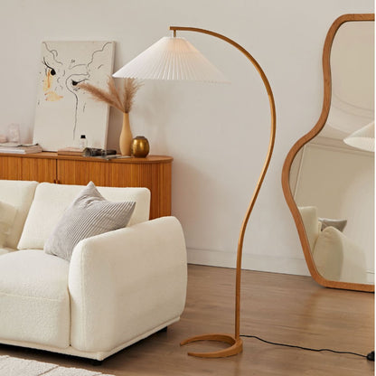 Archer Natural Floor Lamp - Japandi Style Oak Finish with Textured Shade, Curvaceous Design, Compact Footprint