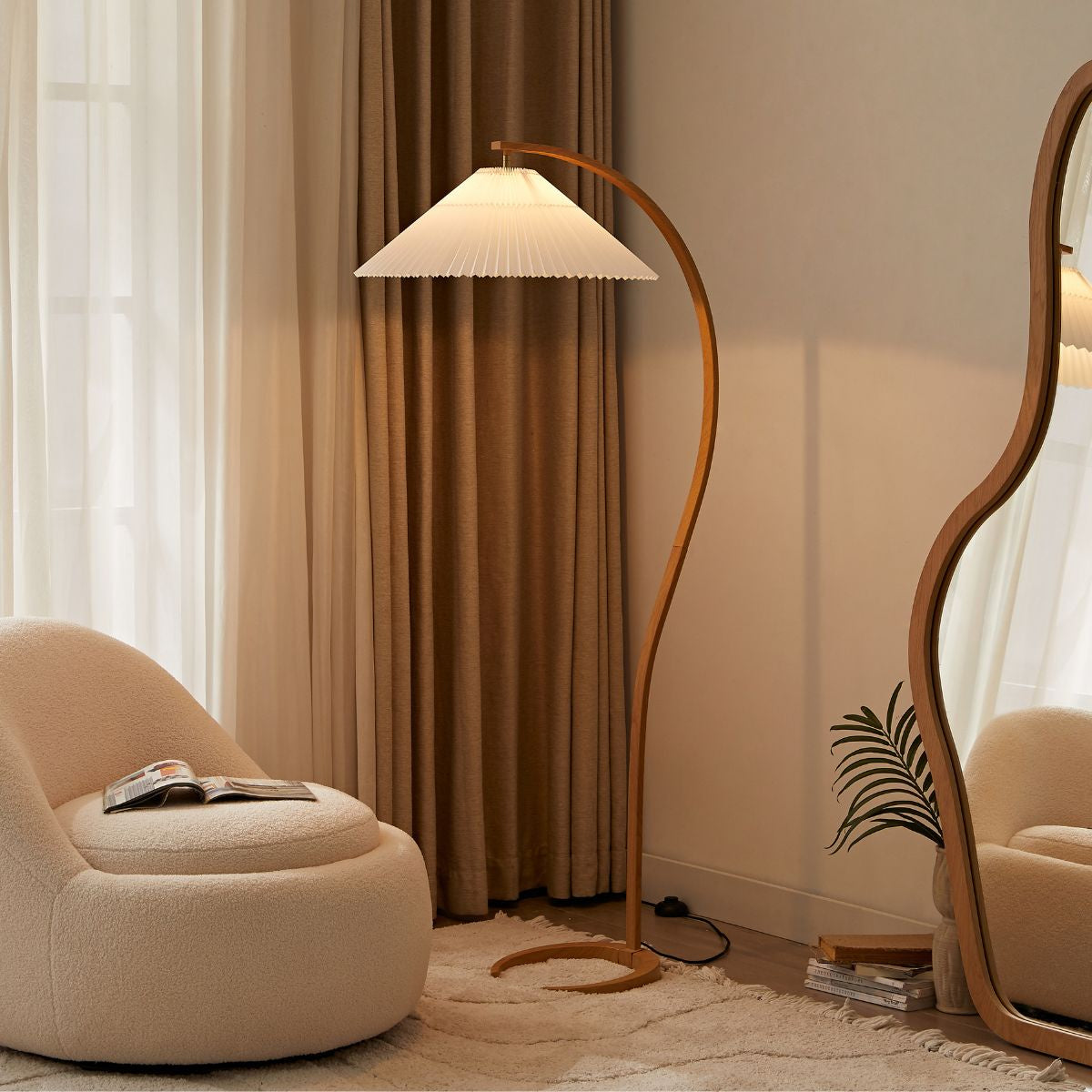 Archer Natural Floor Lamp - Japandi Style Oak Finish with Textured Shade, Curvaceous Design, Compact Footprint