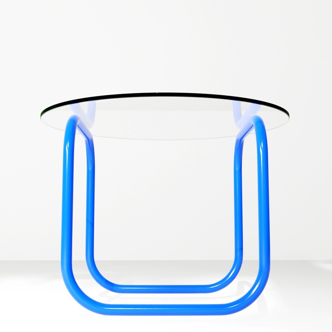 a blue table with a glass top on a white surface